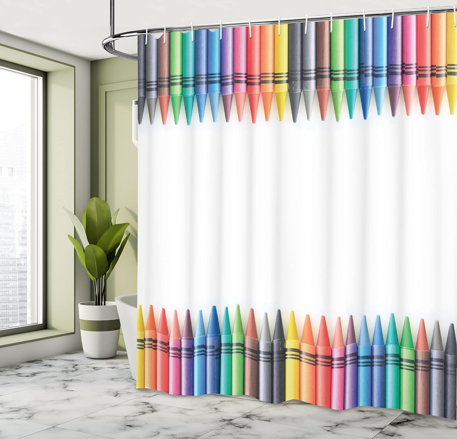 Ambesonne Crayon Shower Curtain, Top and Bottom Symmetric Straight Border 's Painting Crafts Simple Photo, Cloth Fabric Bathroom Decor Set with Hooks, 69" W x 75" L, White Multicolor