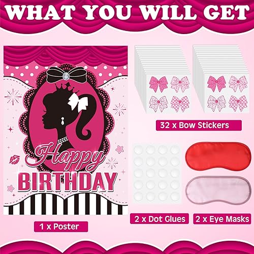 Miniatura 4 de Tatuo 35 piezas de decoración de fiesta de cumpleaños rosa para niñas, pin el lazo en la cabeza de princesa, póster grande con calcomanías de lazo