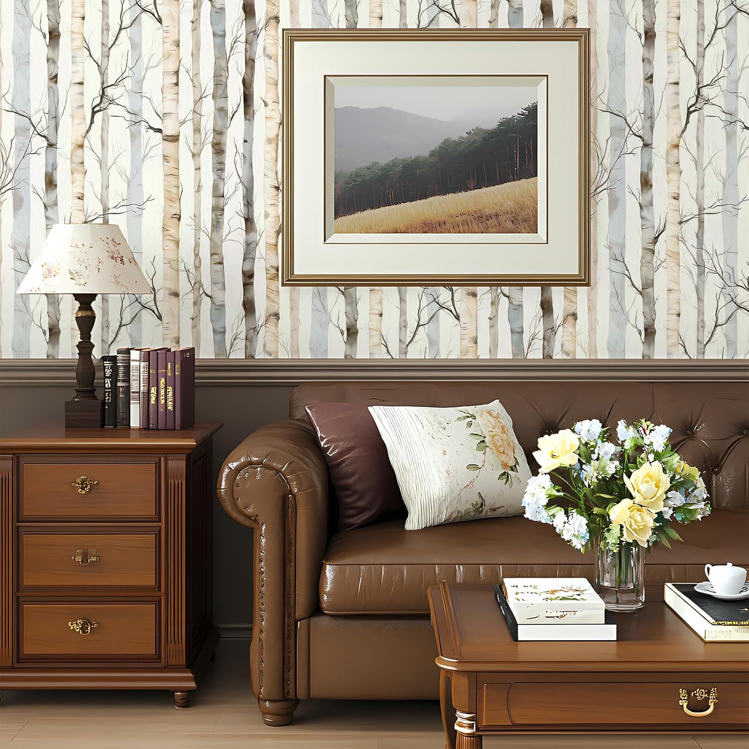 Peel and Stick Vintage Birch Wallpaper Forest Removable Nature Botanical Tree 17.7" x 236.22" Wall Paper Self Adhesive Watercolor Contact Paper for Classroom Bedroom Laundry Room Bathroom