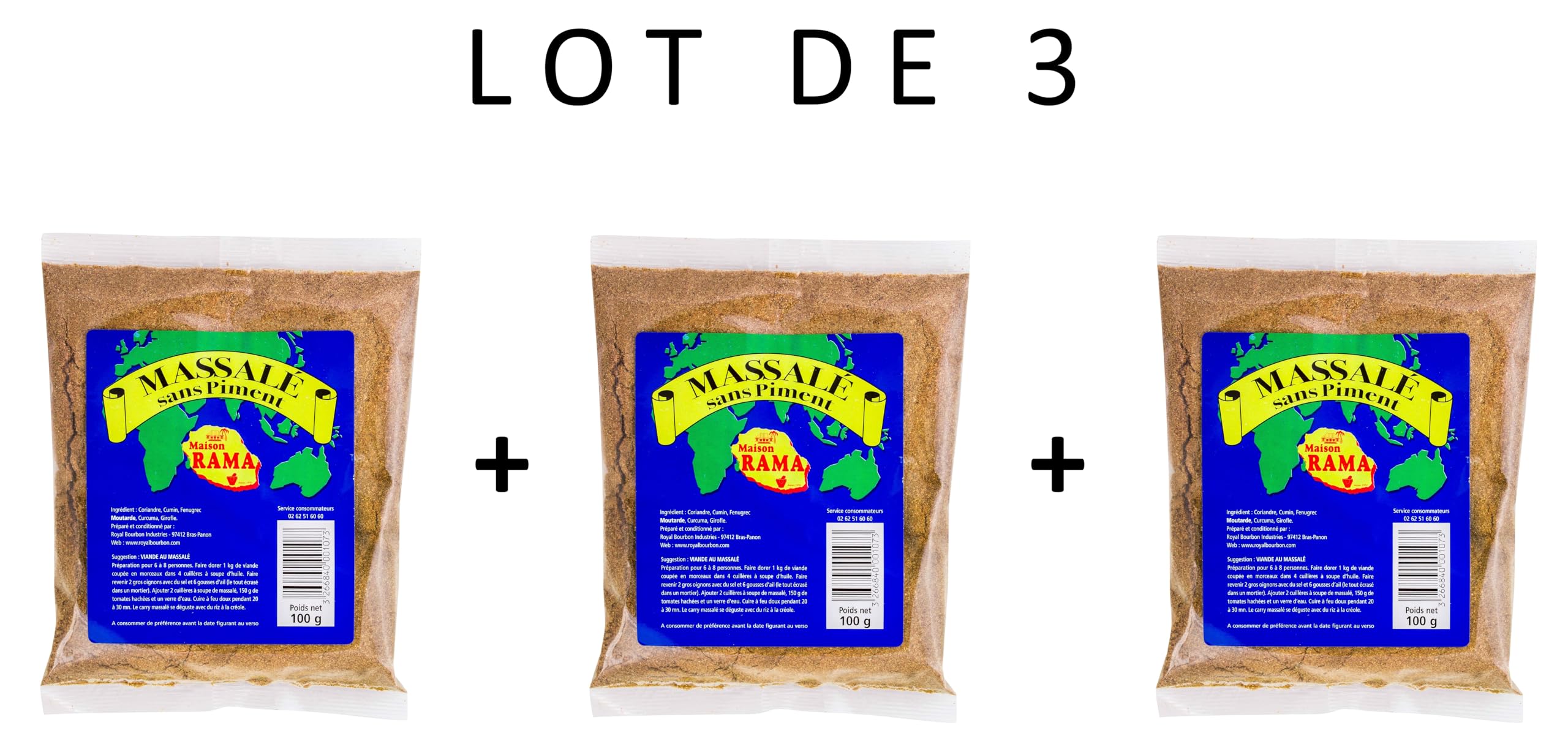 MAISON RAMA - Ile de la Réunion - Epices : (Lot de 3, Massalé sans piment sachet 100g)