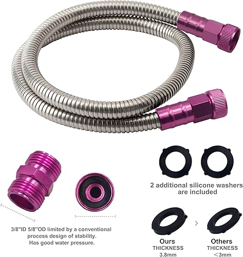 Miniatura 4 de YANWOO Manguera de jardín de acero inoxidable 304 de 10 pies hembra a hembra con conector macho rosa a macho, manguera de agua corta (10 pies)