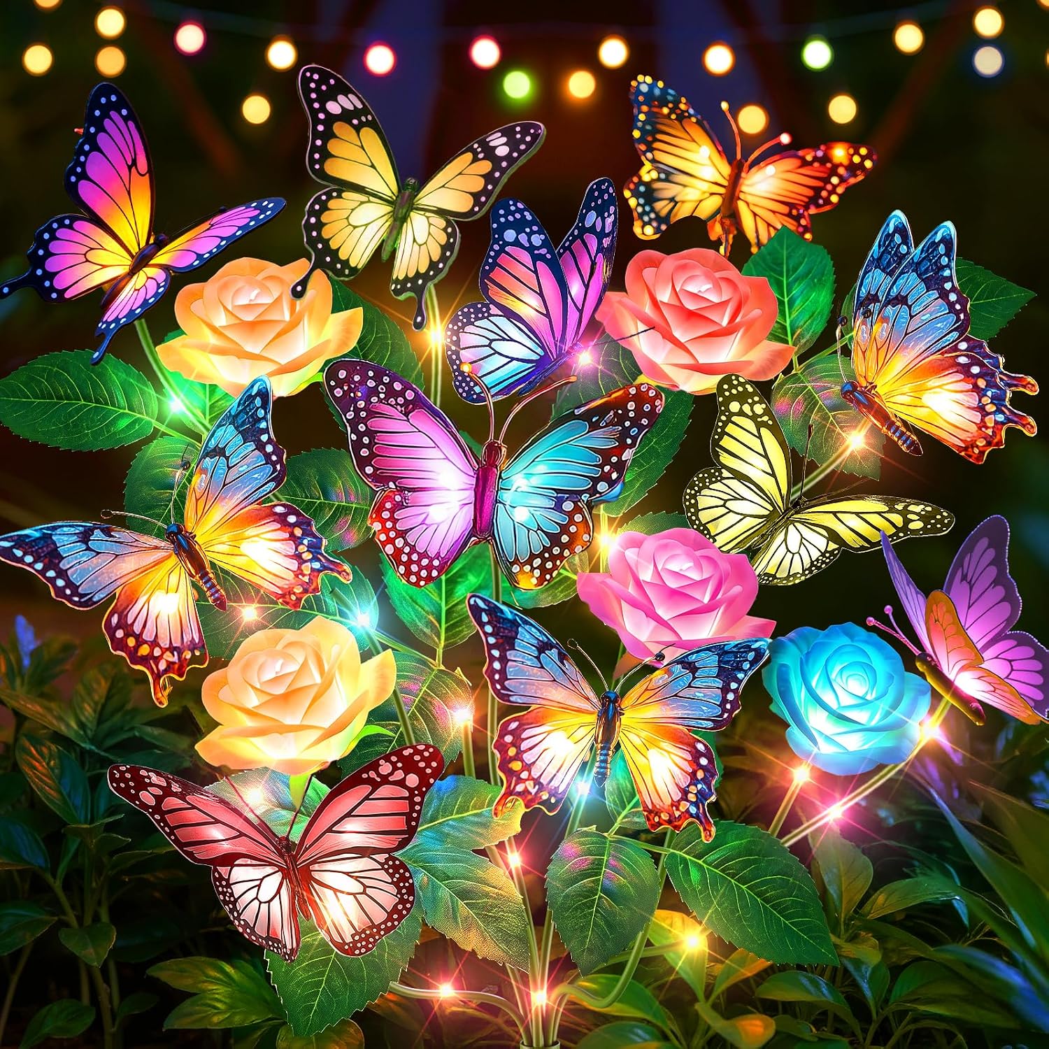 Solar Lights Outdoor Garden Decor: 4 Pack Silk Solar Butterfly Rose Lights