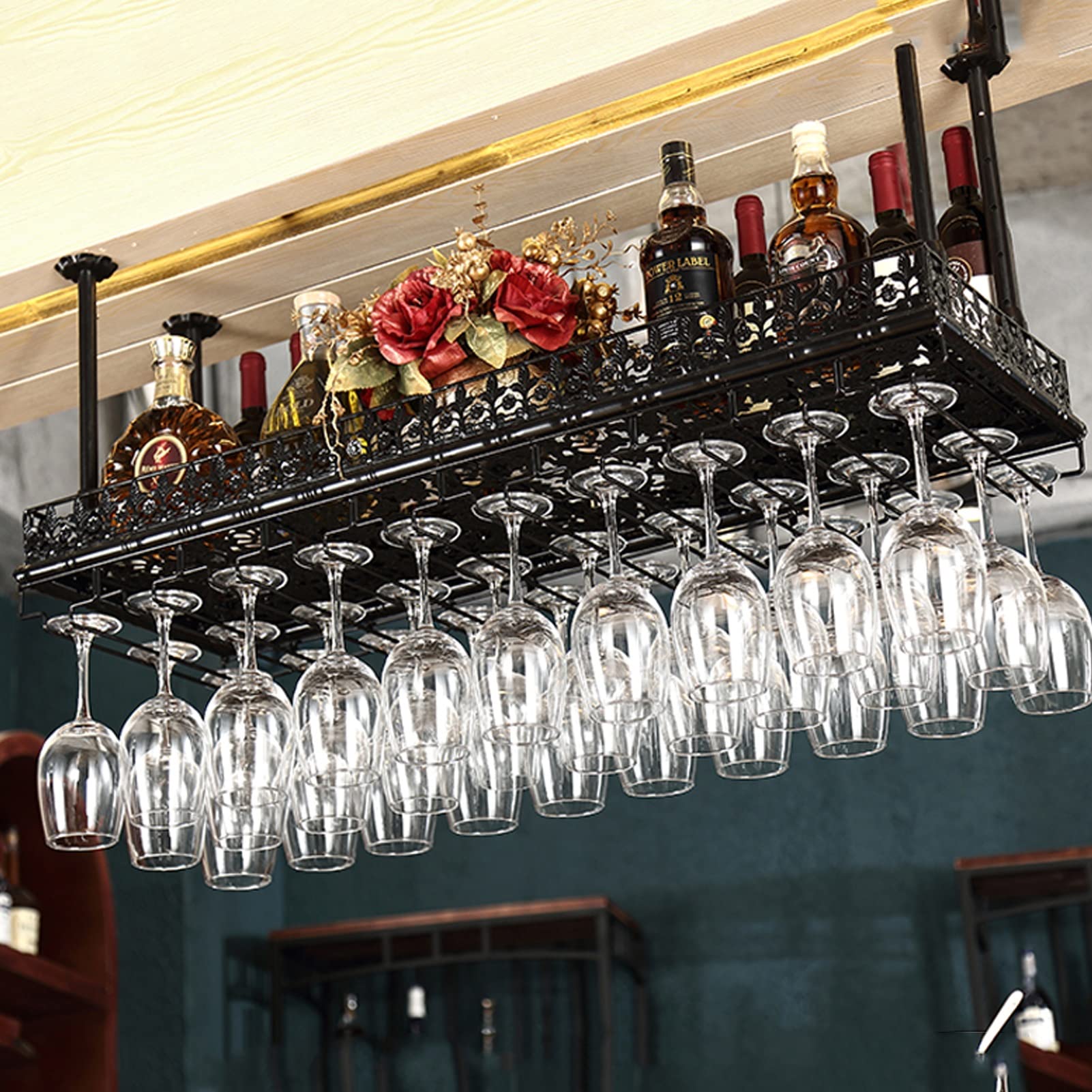 Porte-bouteilles de plafond haut de gamme avec support de verres à pied en métal