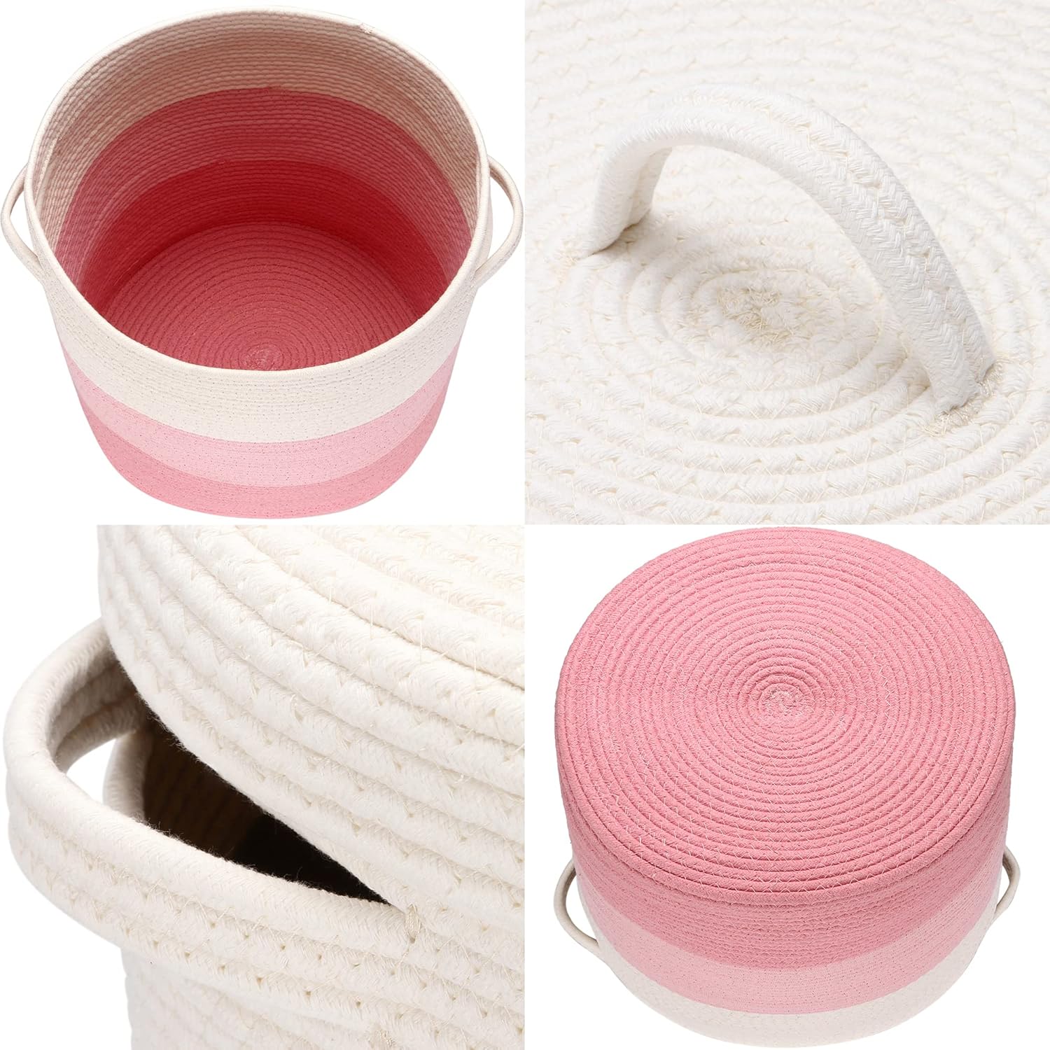 Sea Team Large Size Cotton Rope Woven Storage Basket with Lid, Lidded Laundry Hamper with Handles, Fabric Bucket with Cover, Clothes Toys Organizer for Kid's Room, 16 x 20 inches, White & Pink