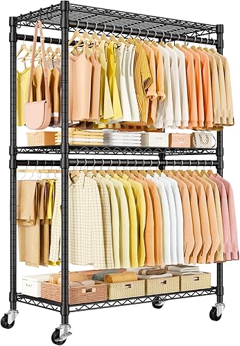 P5 Plus - Perchero resistente para colgar ropa, perchero de metal con ruedas, estante portátil de 3 niveles para armario de 45 pulgadas de ancho x