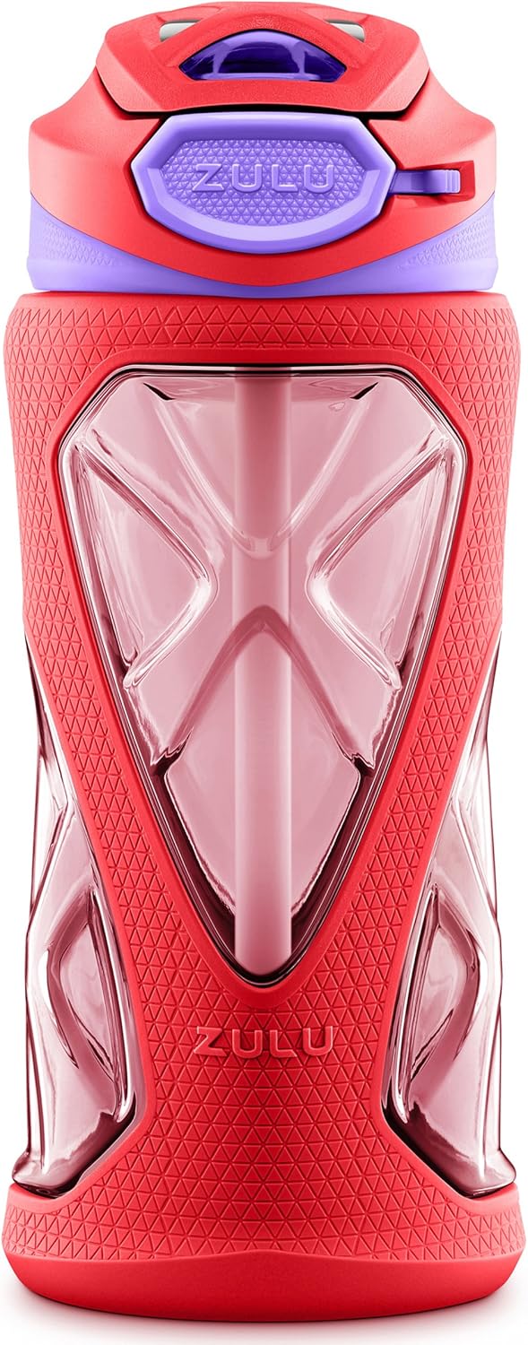 ZULU Torque 16oz Plastic Kids Water Bottle with Silicone Sleeve and Leak-Proof Locking Flip Lid, Soft Touch Carry Loop for School Backpack, Lunchbox, BPA-Free Dishwasher Safe, Pink