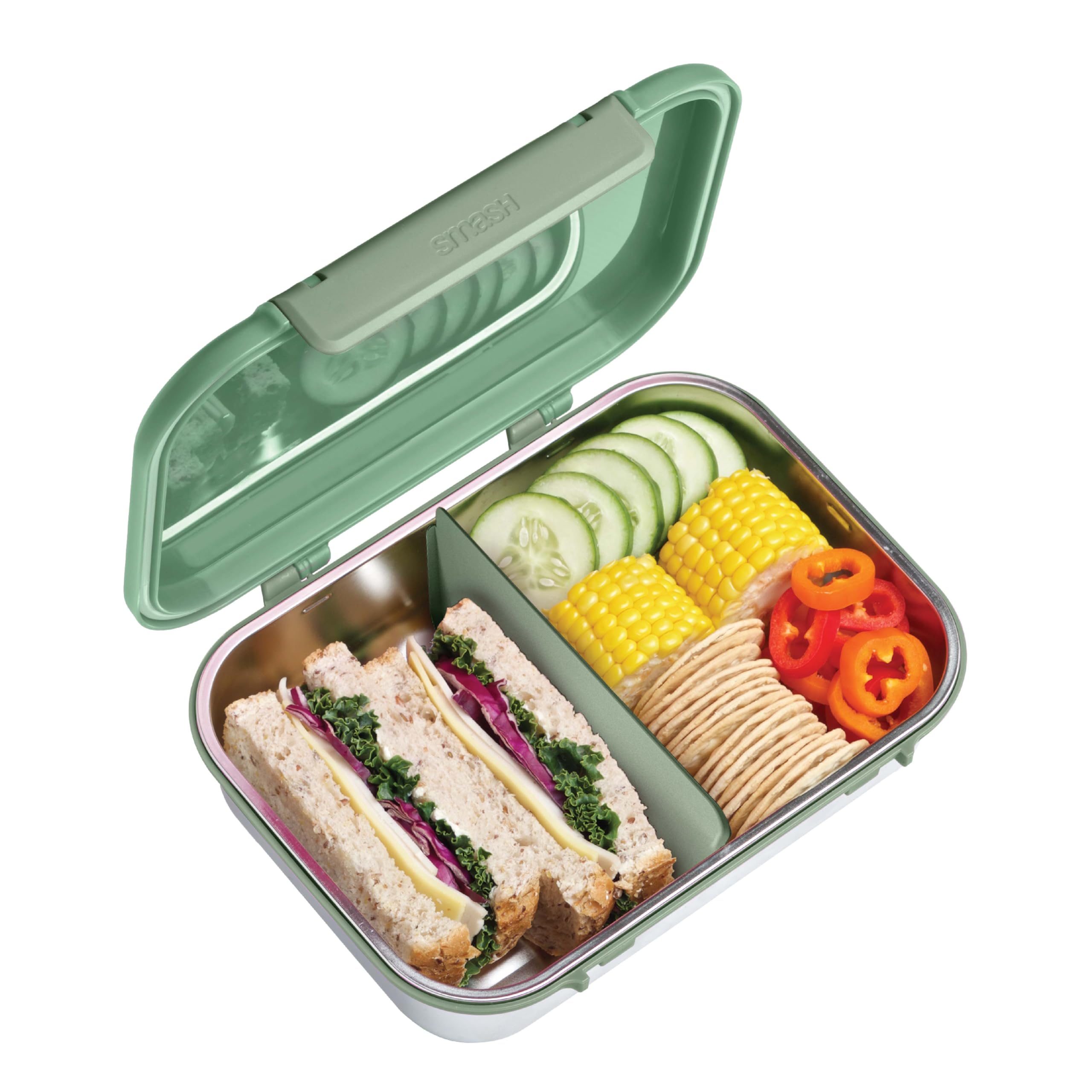 Smash 1.8L/61oz Microwave Safe Stainless Steel Bento Box with Green Hinged Lid – 2 Compartments with Movable Divider, Leak-Proof Clip Closure & Silicone Seal