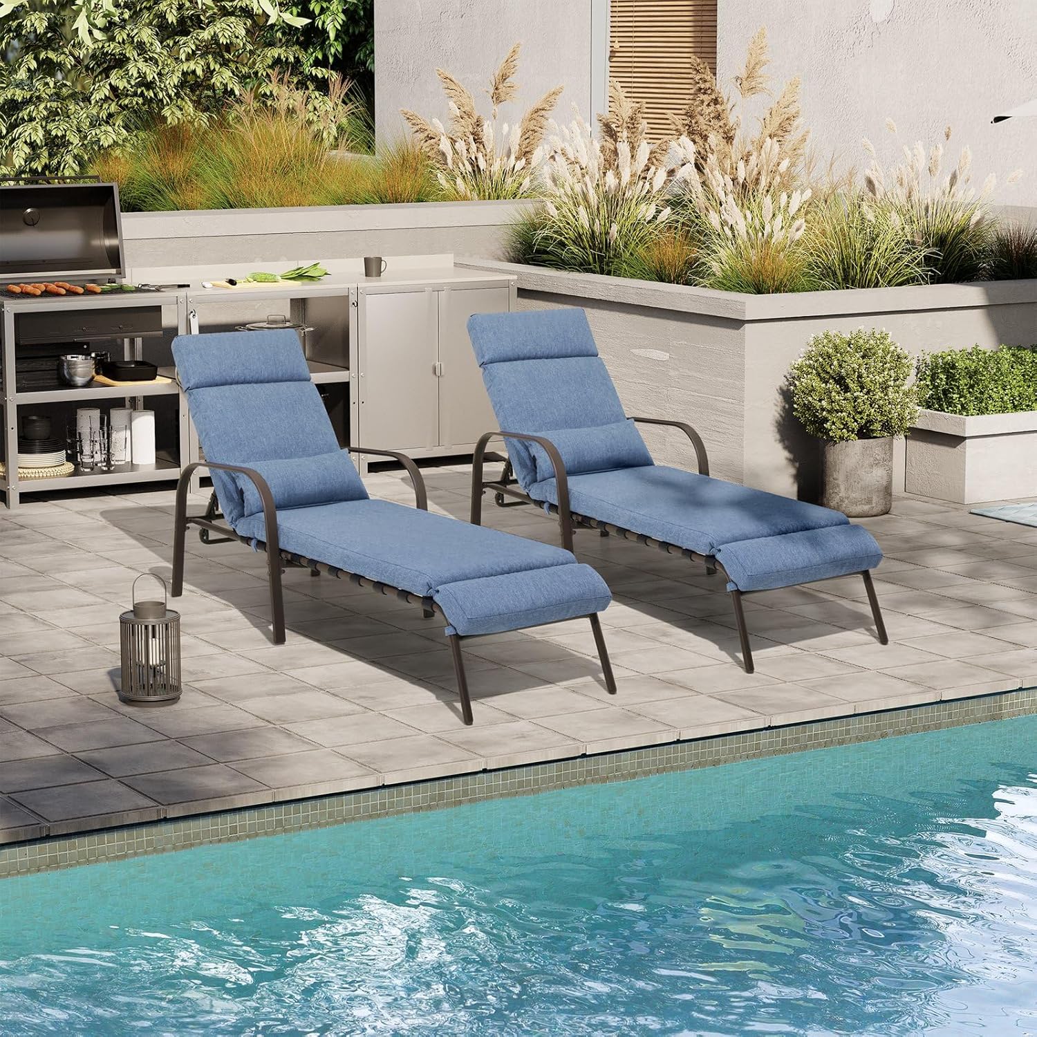 Crestlive Products Chaise Lounge Chair Outdoor Set of 2 with Cushion & Pillow, Adjustable 5 Position Pool Recliner, Outdoor Lounge Furniture All Weather for Patio, Beach, Yard, Pool (2PCS Dark Blue)