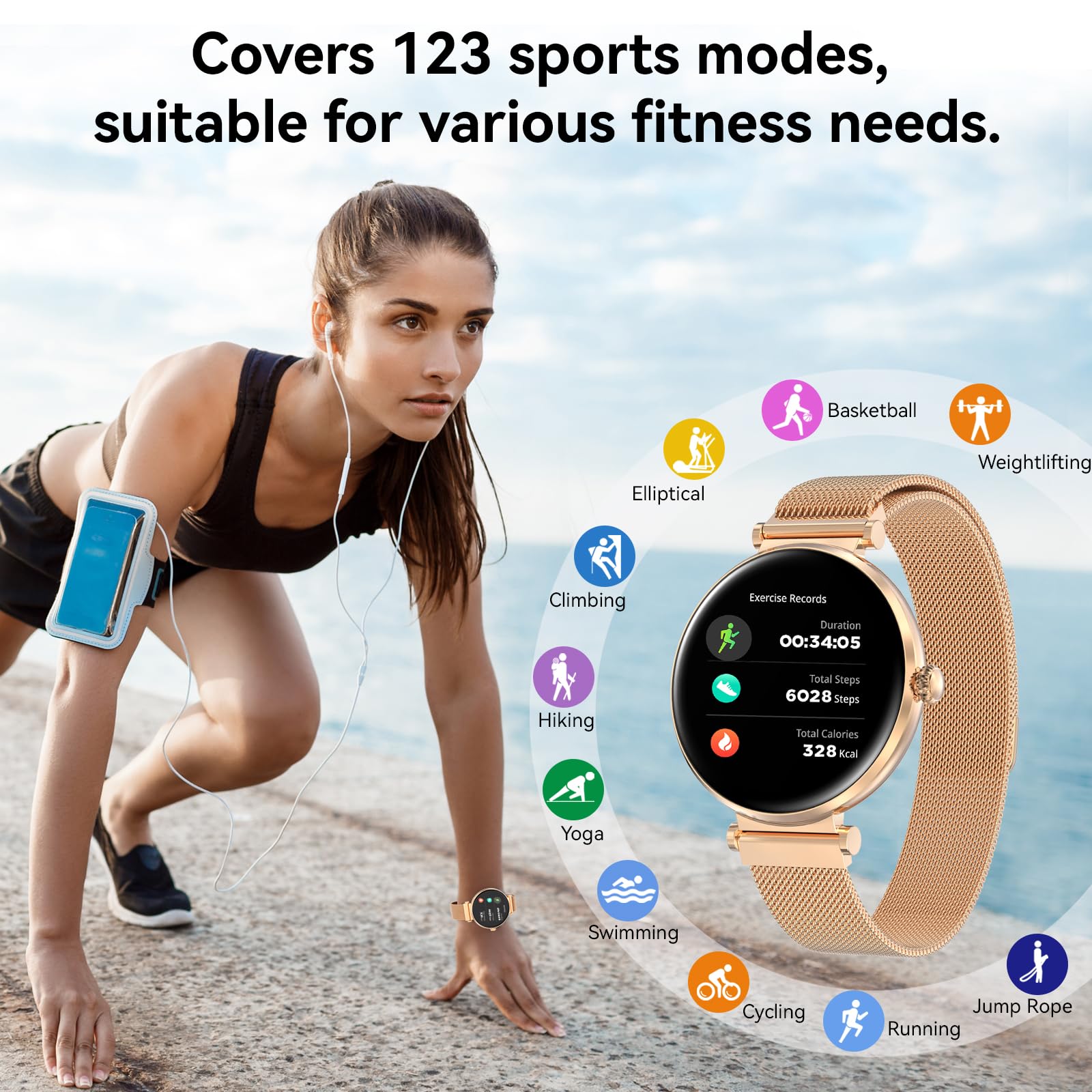 Bebinca Orologio da donna con funzione telefono, touch screen quadrato HD da 1,32", tracker fitness, impermeabile IP67/frequenza cardiaca/120+ modalità sport per Android iOS (Oro Rosa)