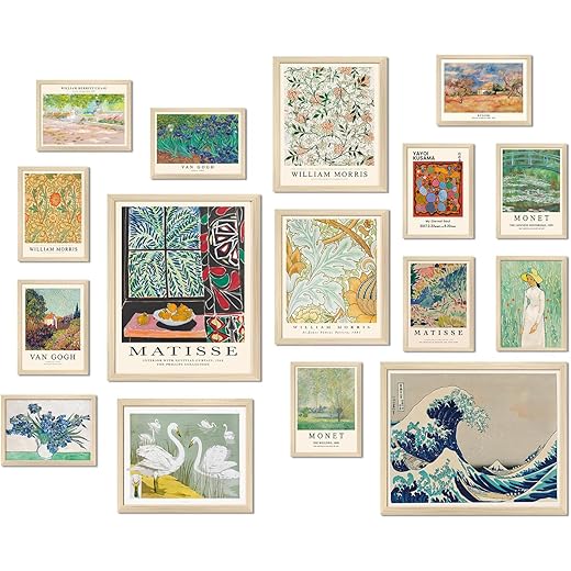 ASTRDECOR Vintage Eclectic Wall Art Prints Set of 16, Eclectic Wall Decor, Colorful Maximalist Decor Aesthetic, Abstract Canvas Art Prints Wall Decor Matisse, Monet, William Morris Famaus Artist Painting, Vintage Gallery Wall Prints Poster for Living Room Dorm Unframed