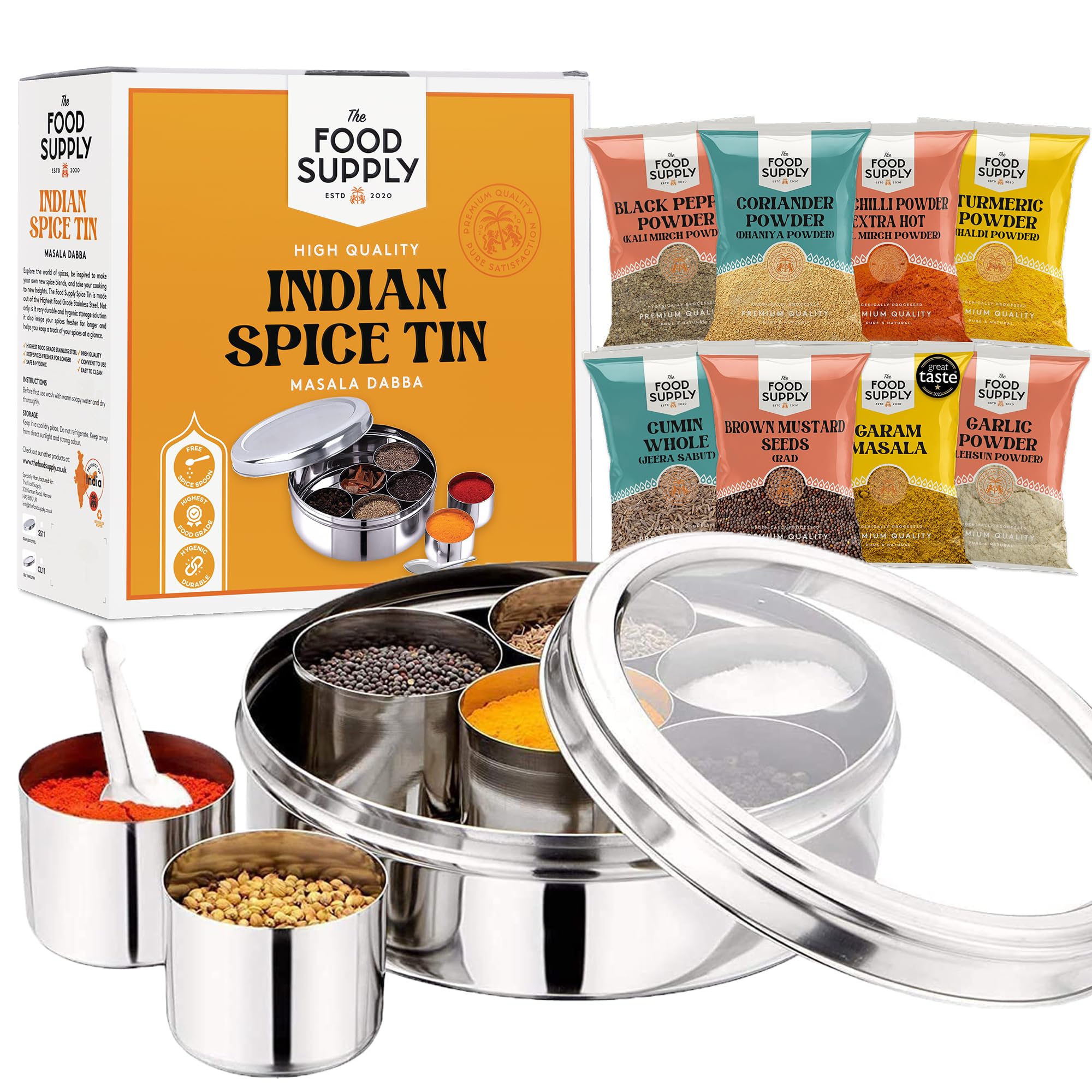 Premium Masala Dabba, Spice Box Collection, Spice Tin with 8 Cooking Spices including Award-Winning Garam Masala, Stainless Steel, with FREE Serving Spoon - The Food Supply (MASALA DABBA WITH SPICE)