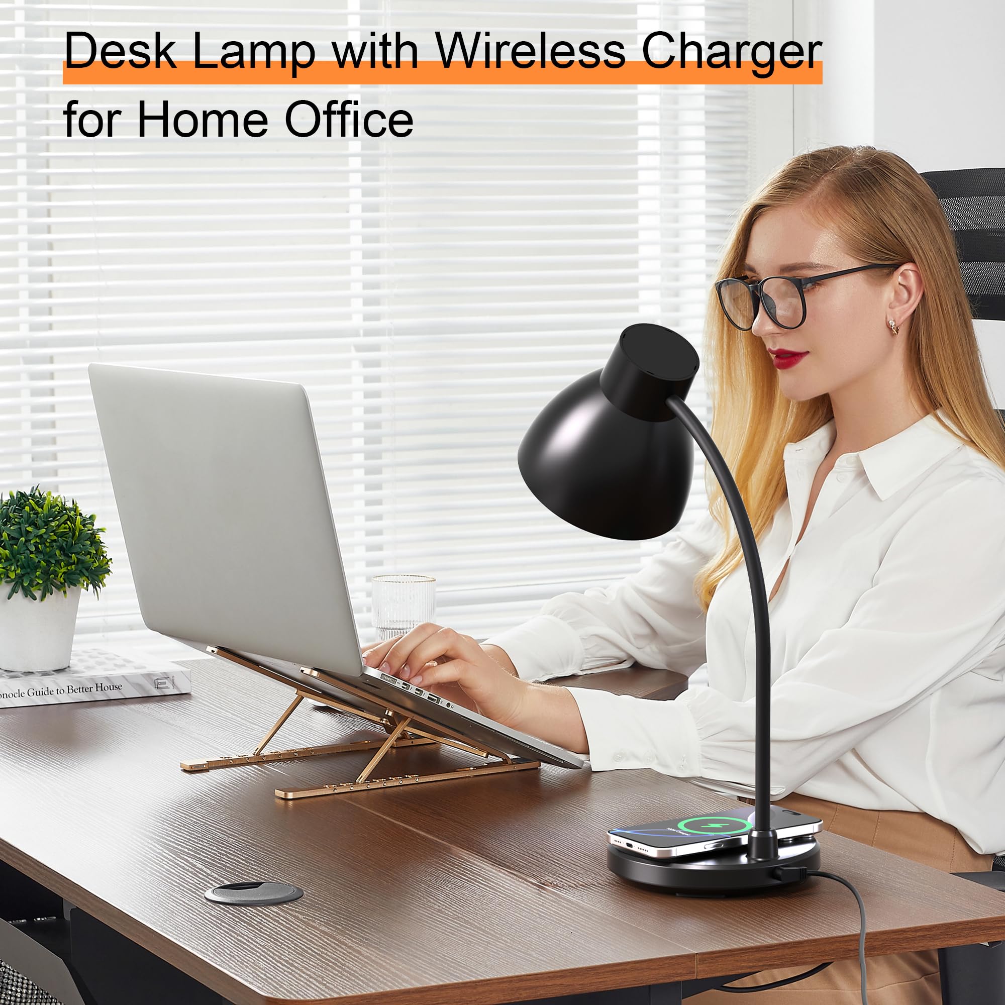 Lampade da scrivania per casa e ufficio, lampada da scrivania a LED con caricabatterie wireless, 3 modalità di colore, dimmerabile, luce da tavolo per studio, lettura e lettura, piccolo