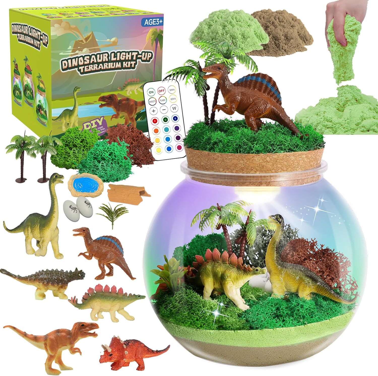 Dinosaur Light-Up Terrarium Kit for Kids- Birthday Gifts for Boys Ages 4 5 6 7 8-12 Year Old- Dinosaur Toys for Boys with Multicolor LED Light & Remote