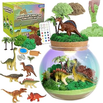 Dinosaur Light-Up Terrarium Kit for Kids- Birthday Gifts for Boys Ages 4 5 6 7 8-12 Year Old- Dinosaur Toys for Boys with Multicolor LED Light & Remote