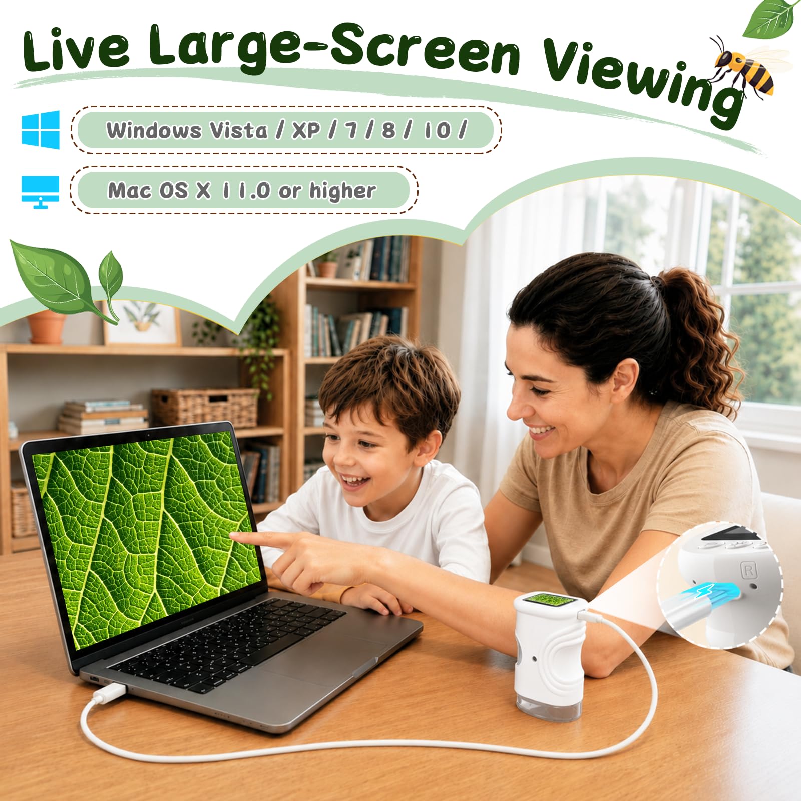 Microscope Enfant Portable 1000X – Microscope Numérique avec Écran IPS 2 Pouces et 8 LED, Fonction Photo & Vidéo, Jouet Scientifique Cadeau pour Garçons et Filles (Blanc)