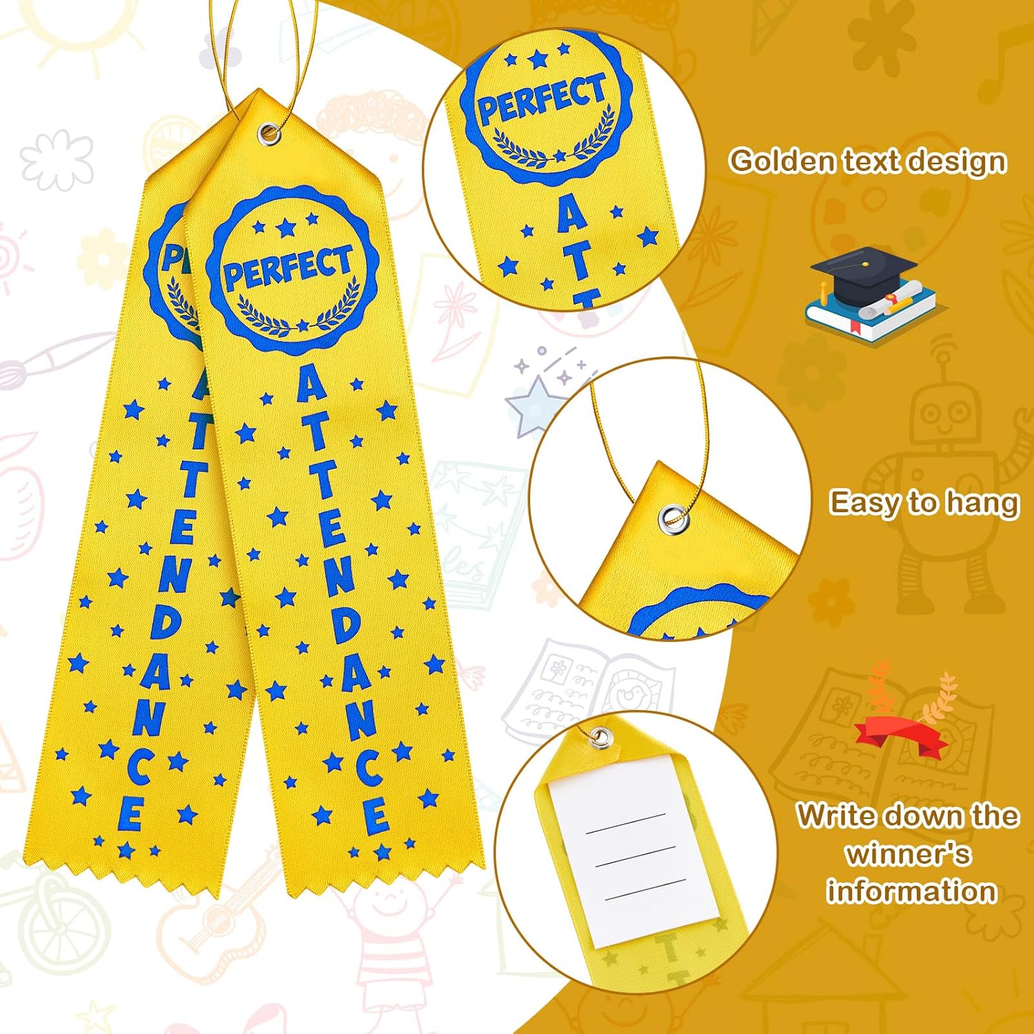 Taiyin 200 Pcs Award of Perfect Attendance Award Ribbons Prize Perfect Attendance Ribbon with Event Card and Rope for Kids Competition, Sports Event, Contests, School, Office Team