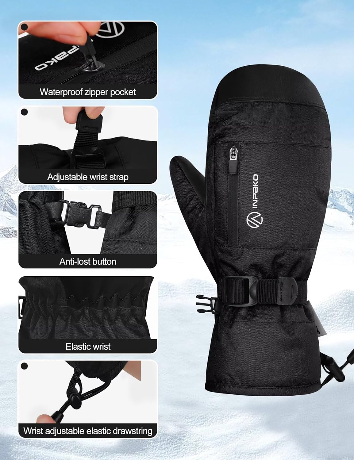 Winter Ski Mittens Men Women, 3M Thinsulate Waterproof Mittens with Inside Glove Liners, Touchscreen Snowboarding Gloves, 5-Layer Thermal Warm Cold Weather Snow Gloves for Skiing, Snowboard - Image 4