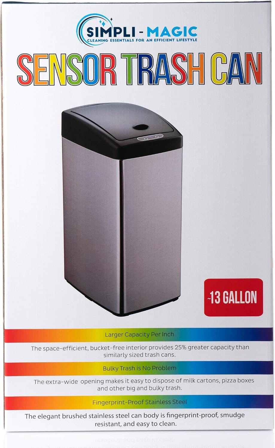 SIMPLI-MAGIC 79208 Stainless Steel Sensor Trash Can, Square, 13 Gallon