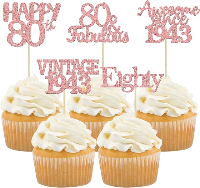 Gyufise 30Pcs Rose Gold Vintage 1943 Cupcake Toppers 80th Birthday Cupcake Toppers Awesome Since 1943 Hello 80 Cake Topper Seventy 80 & fabulous Cupcake Picks 80th Birthday Cake Decorations Supplies