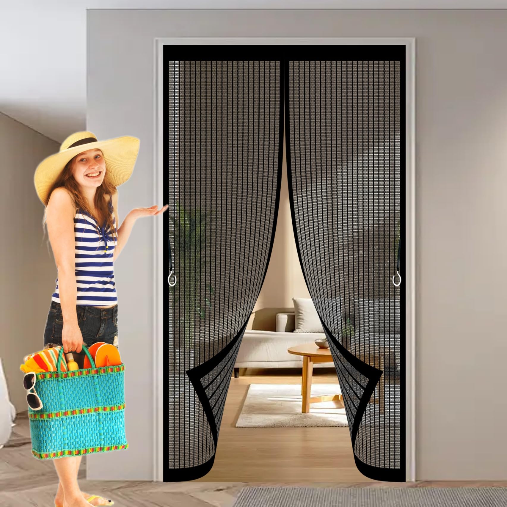 Xueqxue Black Fly Screens For Doors 145 X 205 Cm With Powerful Magnets & Full Frame Magic Tape, Keep Bugs Out & Lets Fresh Air In Magnetic Fly Screens Duty Door Screen For Patio Doors Bedroom,