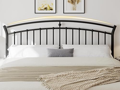 Miniatura 18 de iPormis Marco de cama de plataforma de metal de tamaño matrimonial con cabecera moderna de hierro artístico/soporte de listones de acero Negro