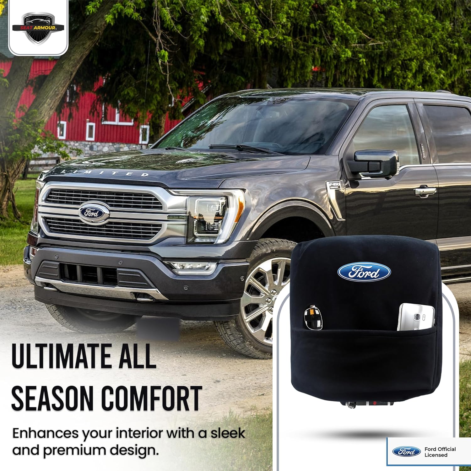 Center Console Cover for Ford F-150 & F-250 (2021-2022) – Soft, Durable Console Lid Protector for Bucket Seat Models – Black