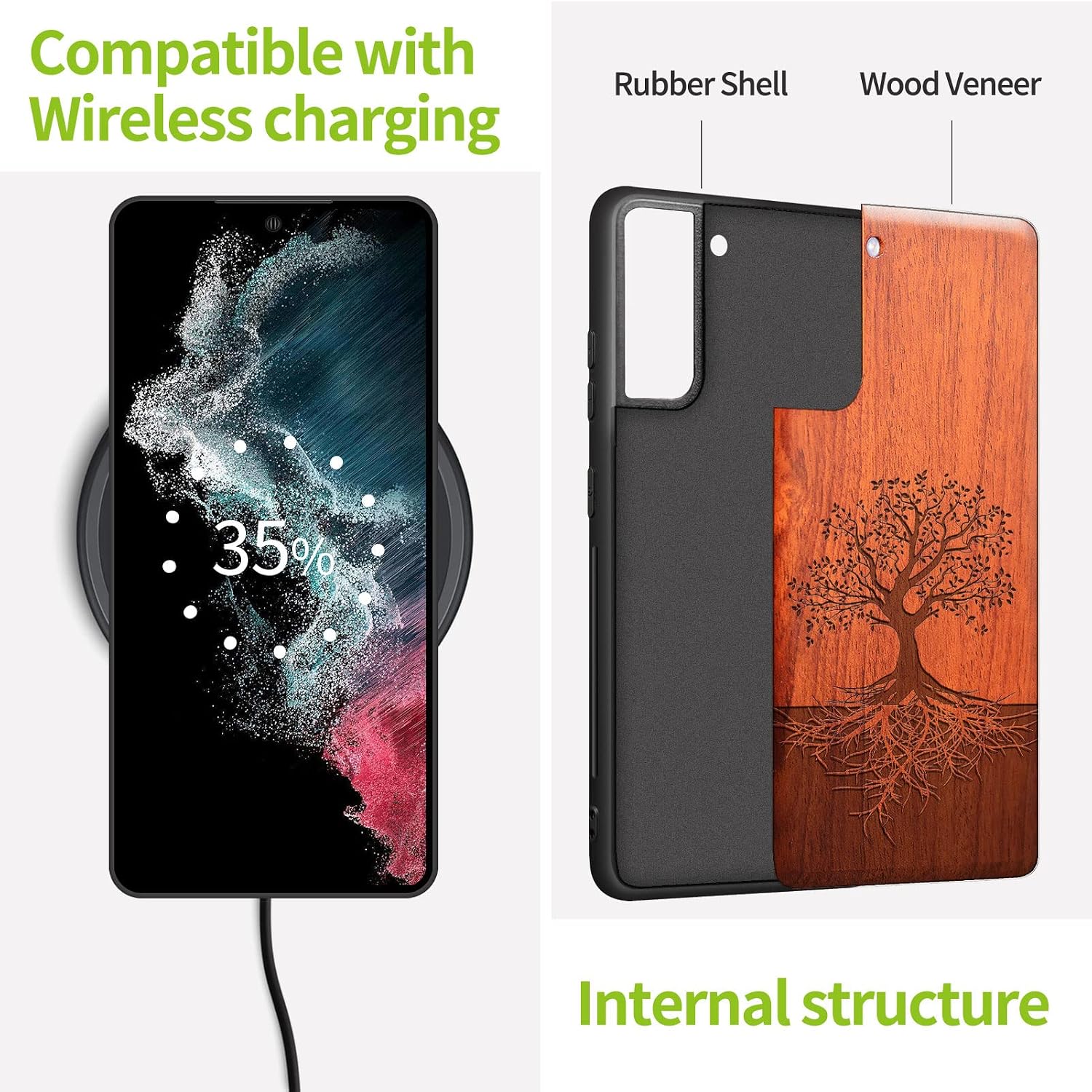 Carveit Wood Case for Galaxy S21 Case [Natural Wood & Black Soft TPU] Shockproof Hybrid Protective Unique Wooden Cover Compatible with Samsung S21 5G (Tree with Roots-Rosy)
