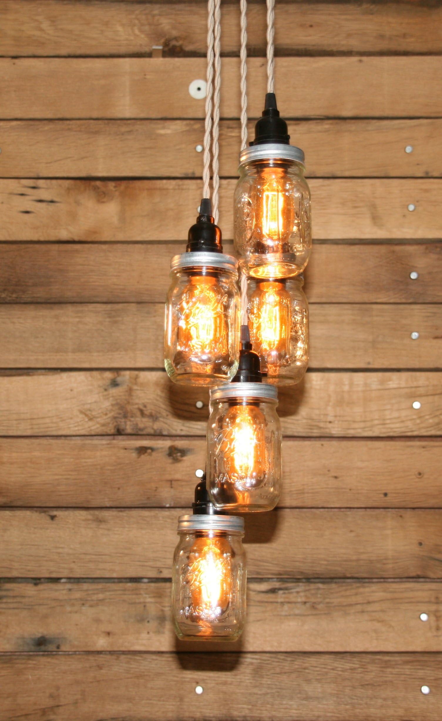 Mason Jar Chandelier - 5 Clear Pint Ball Jars - Ball Jar Chandelier - Ceiling Light Fixture hand crafted by Industrial Rewind