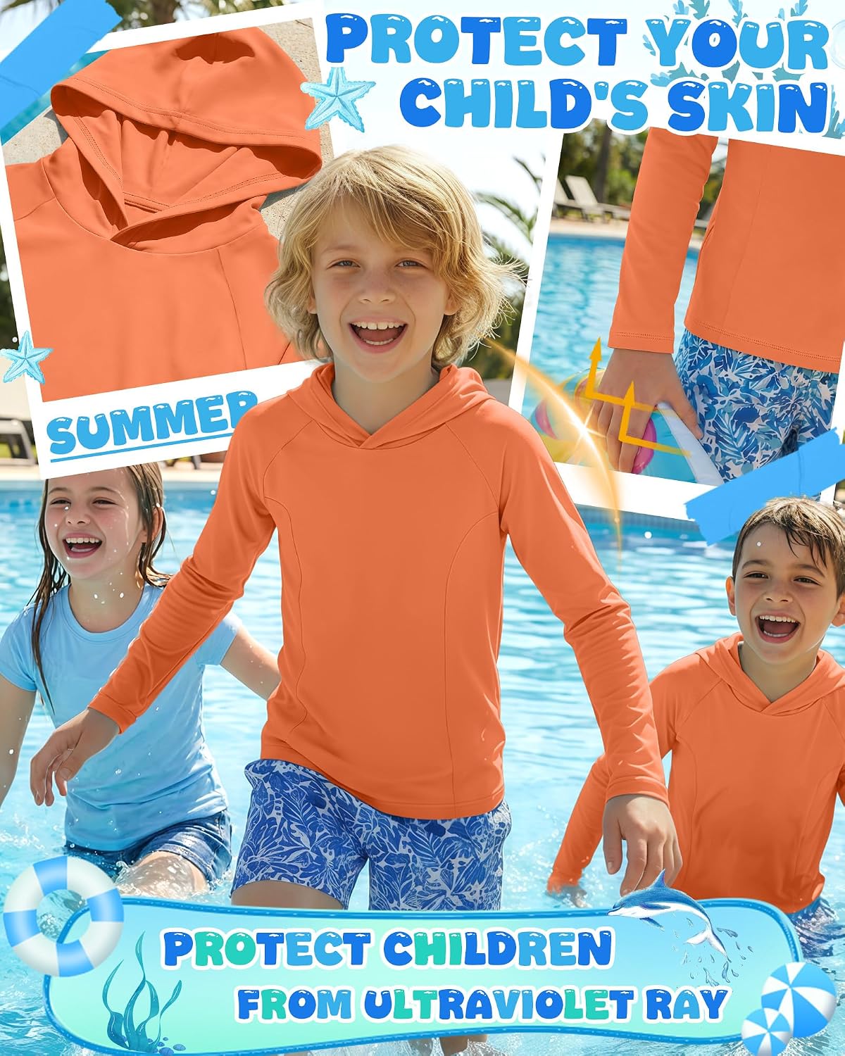 Boys Long Sleeve Rash Guard UPF50+ Hoodie