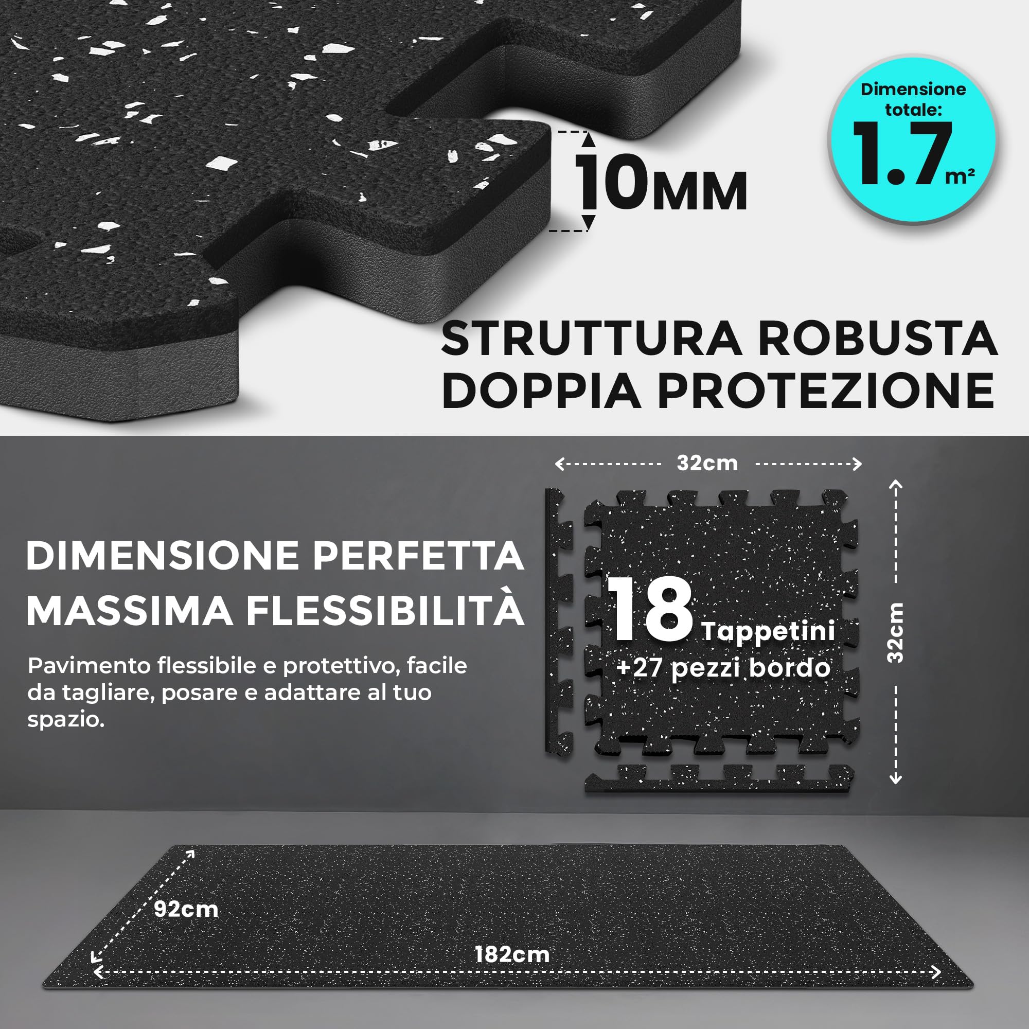 bemaxx Tappetino Palestra 18 Pezzi – Tappetino Fitness Puzzle in EVA e Gomma – Tatami Antiscivolo per Home Gym, Ginnastica, Piscina e Garage
