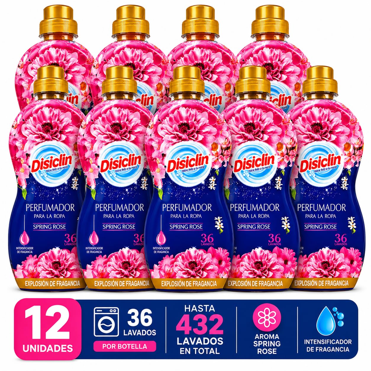 Disclin Perfumador para la Ropa Spring Rose 720 ml | Pack de 12 Unidades | Aditivo Líquido para Lavadora | Intensificador de Fragancia con Microperlas | Aroma Fresco y Duradero | RASMACOR