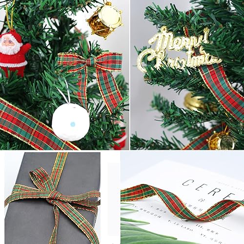 Miniatura 6 de Cinta a cuadros de búfalo rojo dorado y verde de 38 de pulgada, 25 yardas para decoración de árbol de Navidad, cintas de guinga con borde tejido