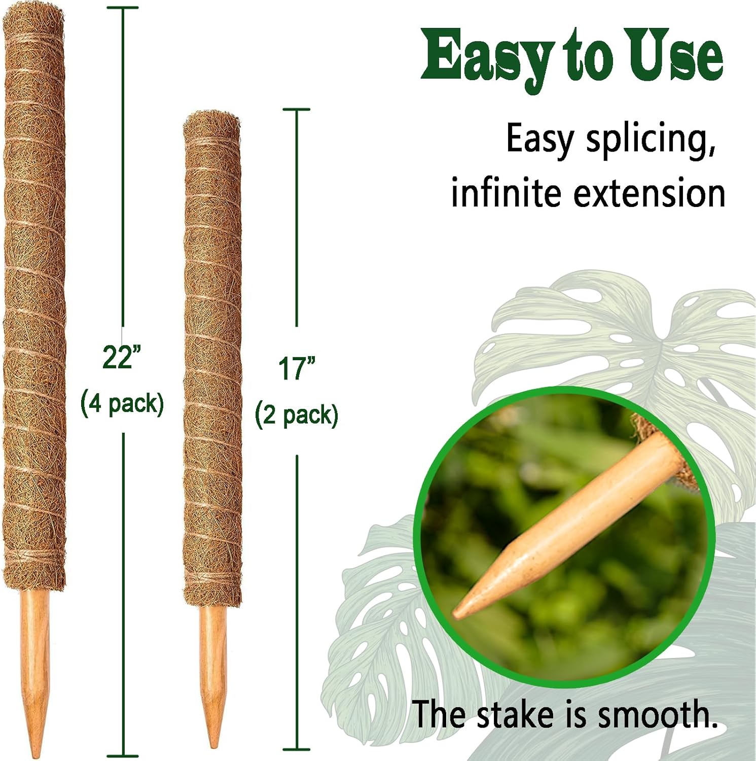 Moss Pole Set, Stackable Moss Poles for Climbing Plants Monstera, Tall Handmade Plant Pole Sticks, Large Coir Plant Support Stakes for Potted Plants Indoor, Pothos, Philodendron