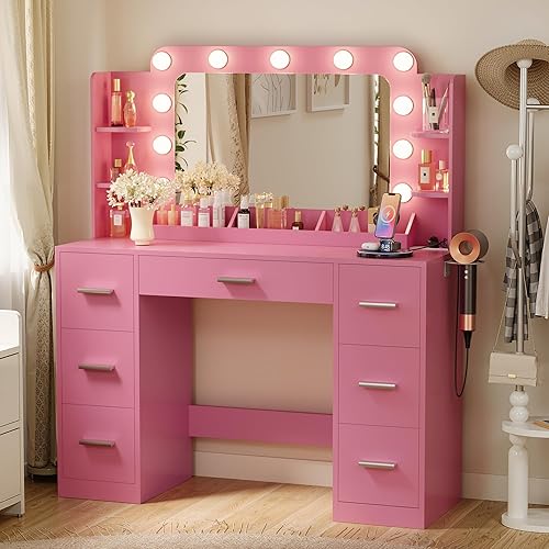 Furmax Vanity Desk with Hollywood Style Mirror with LED Lights, Makeup Table Vanity with 2 AC Outlets and1 USB＆1 Type-C Port, Adjustable Lighting, Modern Ample Storage Drawers Dressing Table, Pink