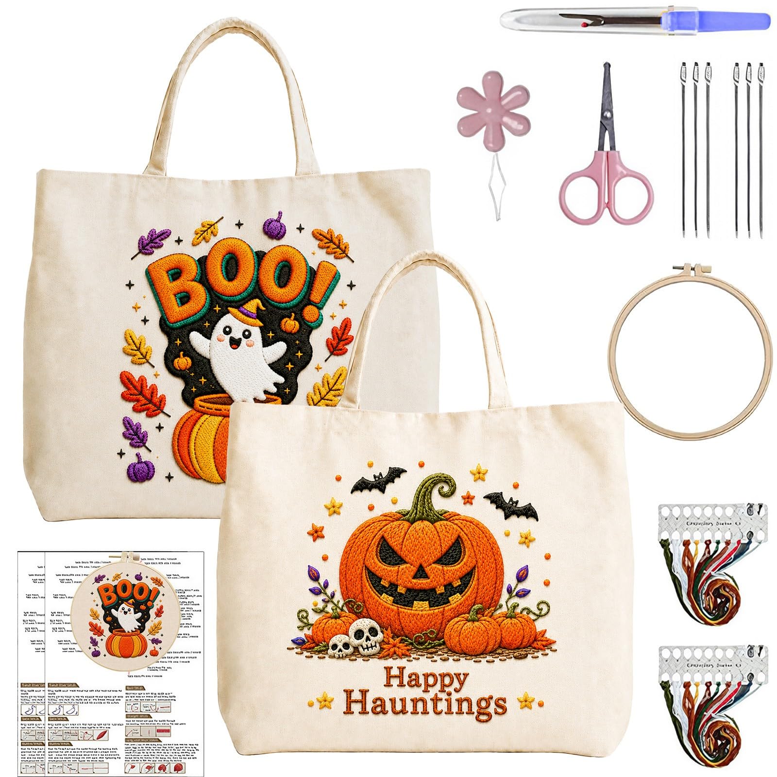 Lebartm 2Pcs Embroidery Tote Bag Kit for Beginners Halloween Canvas Cross Stitch Handbag with Hoops Needles Threads Reusable Grocery Bag for Women-03