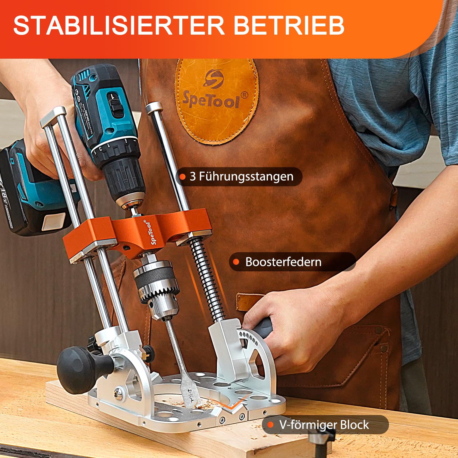 SpeTool Soporte de taladro para destornillador con rodamientos de bolas, barras guía, portabrocas de 1/2 pulgadas, soporte ajustable de 0 a 60°, soporte móvil para taladros rectos, trabajo de madera