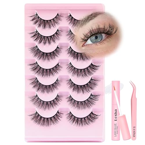 Losha Lashes Pestañas Postizas Wispy 7 Pares de Pestañas Naturales de Ojo de Gato Kit con Pegamento para Pestañas y Pinzas para Pestañas Pestañas