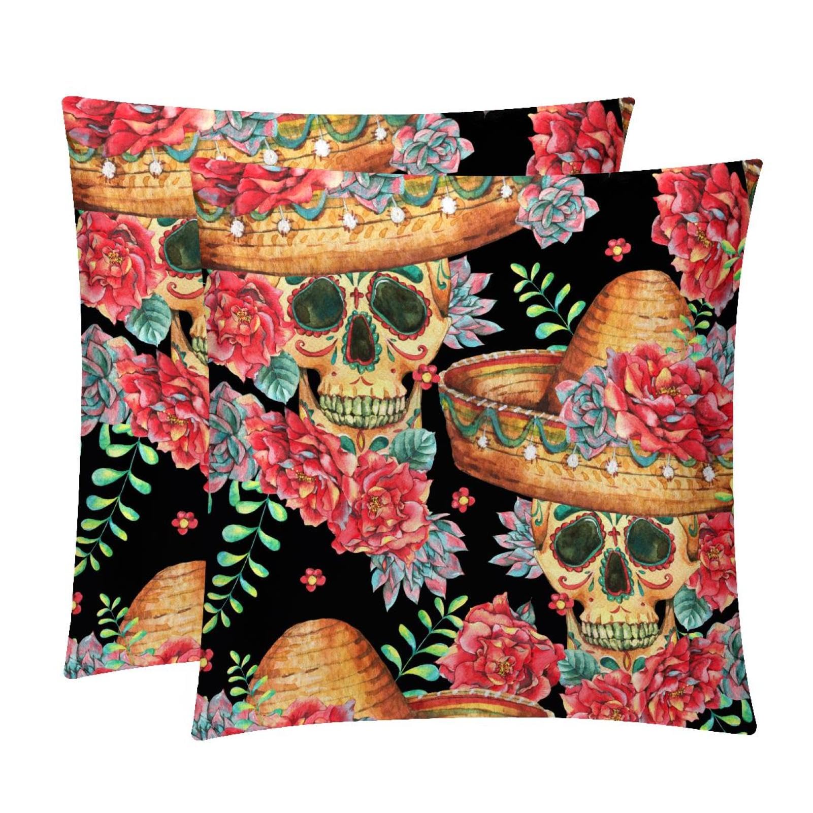 TDGKPZ Skull Flower Throw Pillow Cases 2 Pack Pillowcases Zipper Cushion Covers For Bedroom Living Room 40x40cm