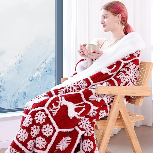 Miniatura 2 de PanxHome Manta sherpa, cálida y gruesa para invierno, manta reversible suave con copos de nieve, acogedora manta de Navidad para sofá, cama, 50 x 60