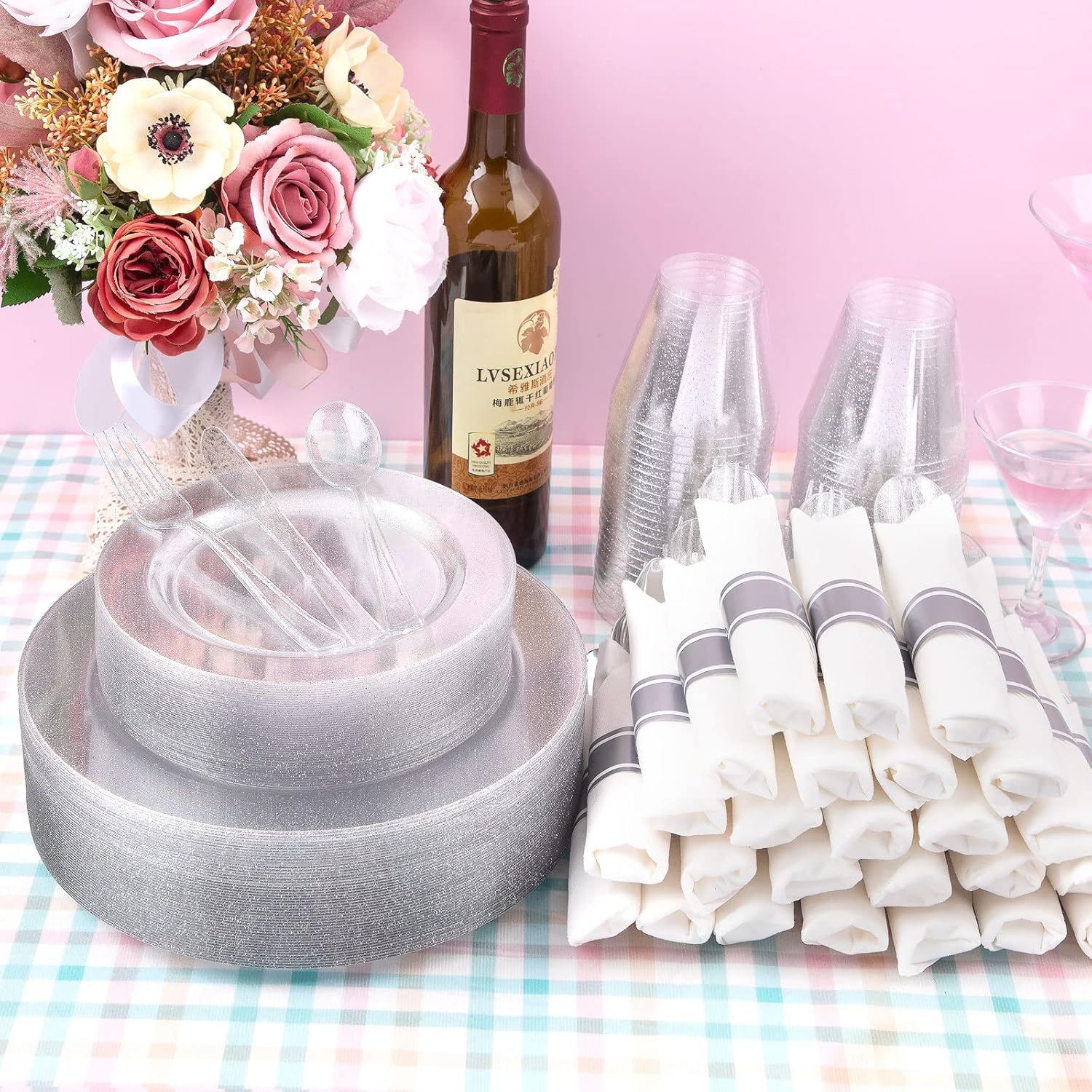 DaYammi 350 Pieces Silver Glitter Dinnerware Set 50 Guest for Party- 50 Dinner Plates, 50 Dessert Plates- 50 Per Rolled Napkins with Silver Cutlery- 50 Disposable Cups 9 OZ