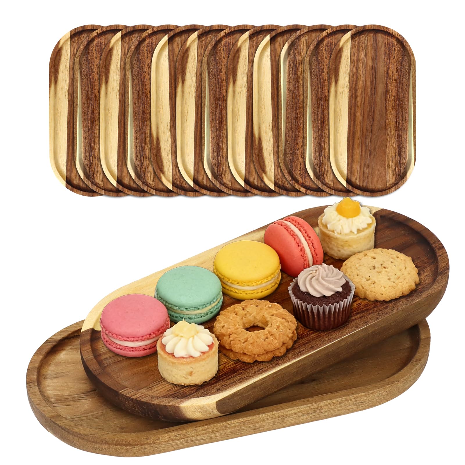 Lot de 12 Plateaux de Service Ovales en Bois d'Acacia, 25 x 12,5 x 2 cm | Planches de Présentation pour Charcuterie, Fromage, Tapas, Café, Apéritif, Buffet, Restaurant, Maison et Réceptions