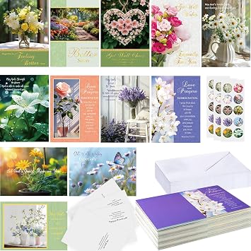 Motiskyy 24 Pack Christian Get Well Cards with Envelopes and Stickers Religious Get Well Greeting Cards Bulk with Scripture Encouragement Blessing 4.5 x 6.2 Inch Nature Flower