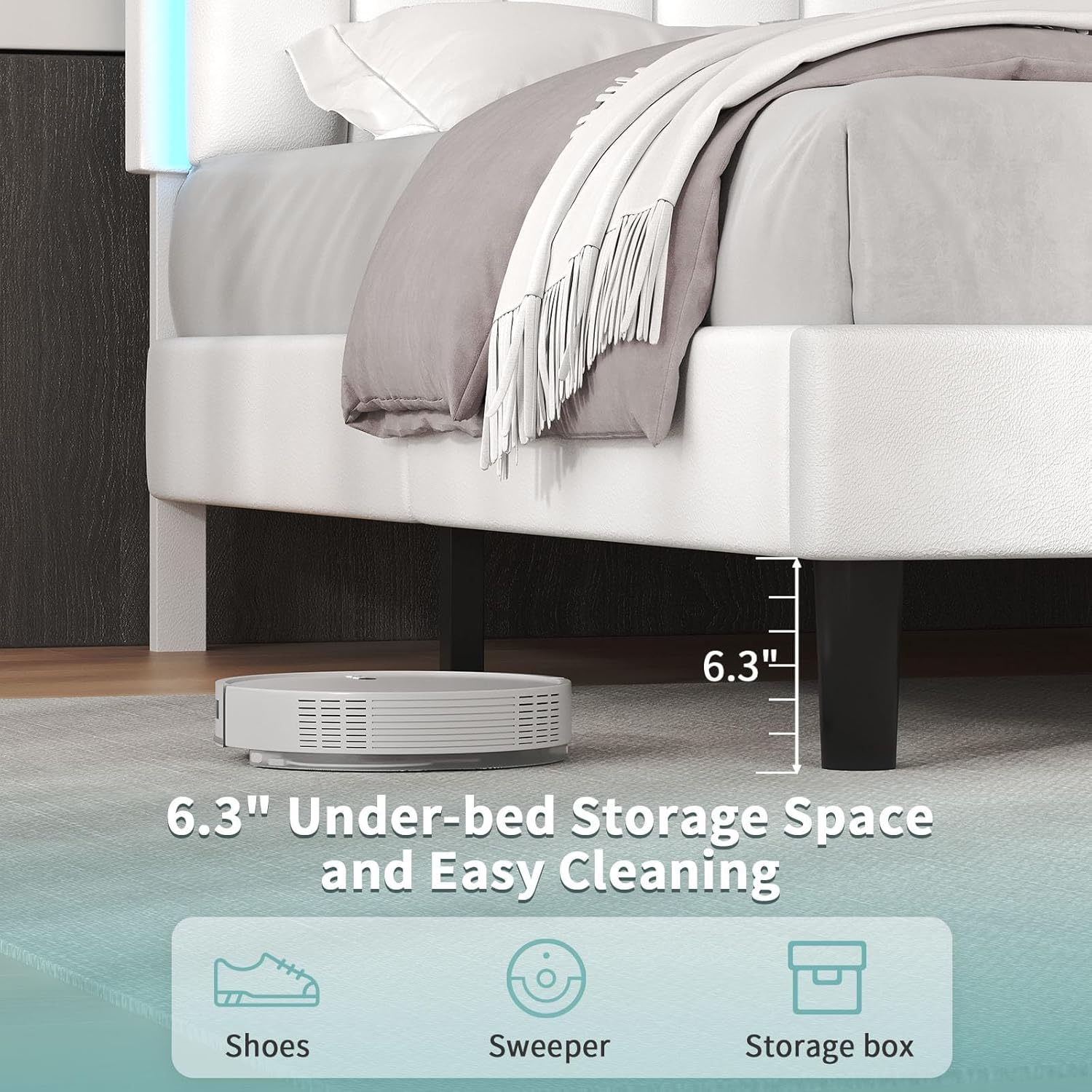 IMMERSTABLE Twin Bed Frame, Twin Bed Frames with Headboard, Upholstered and RGB LED Lights, Heavy Duty Wood Slats Support, Noise-Free, No Box Spring Needed, Easy Assembly, White