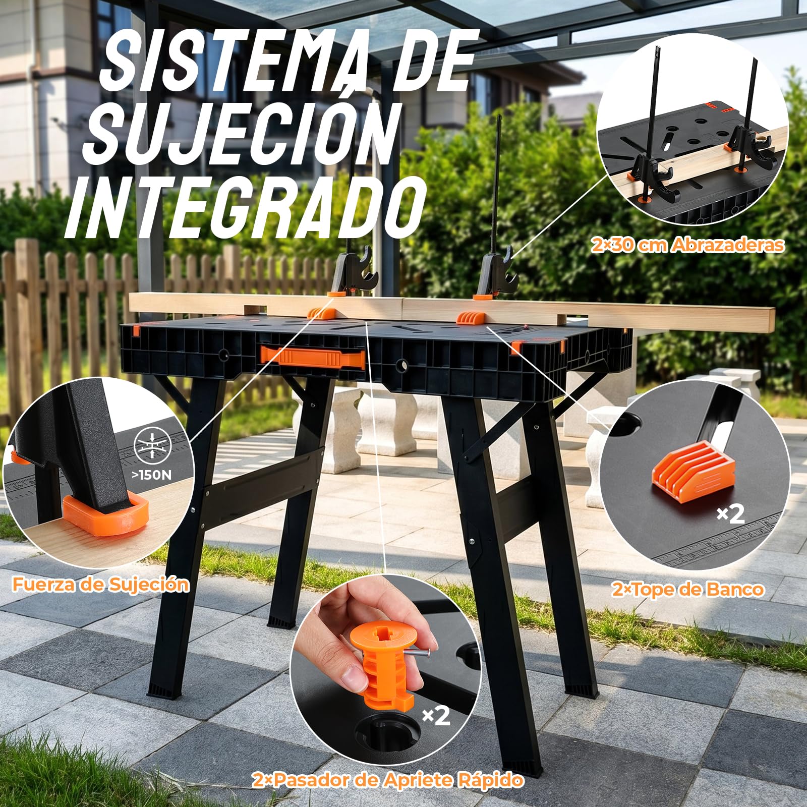 TLGREEN Banco de Trabajo Plegable 2 Piezas, Mesa de Trabajo Portátil | Mesa de Trabajo Plegable con 4 Abrazaderas, Enchufe Integrado, Mesa de Serrar 680kg Combinado, para Taller y Bricolaje