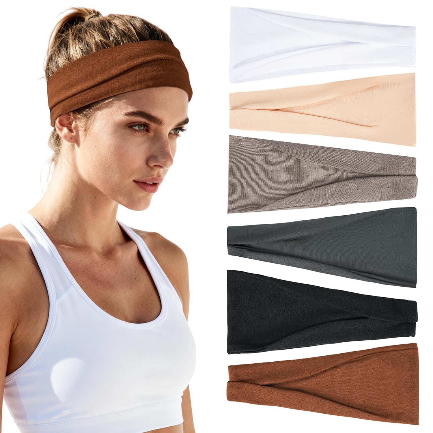 Headbands for Women Non-Slip Workout Hair Bands 6 Pack Stretchy Athletic Soft Sweatbands Elastic Cloth Fabric Headband Fashion