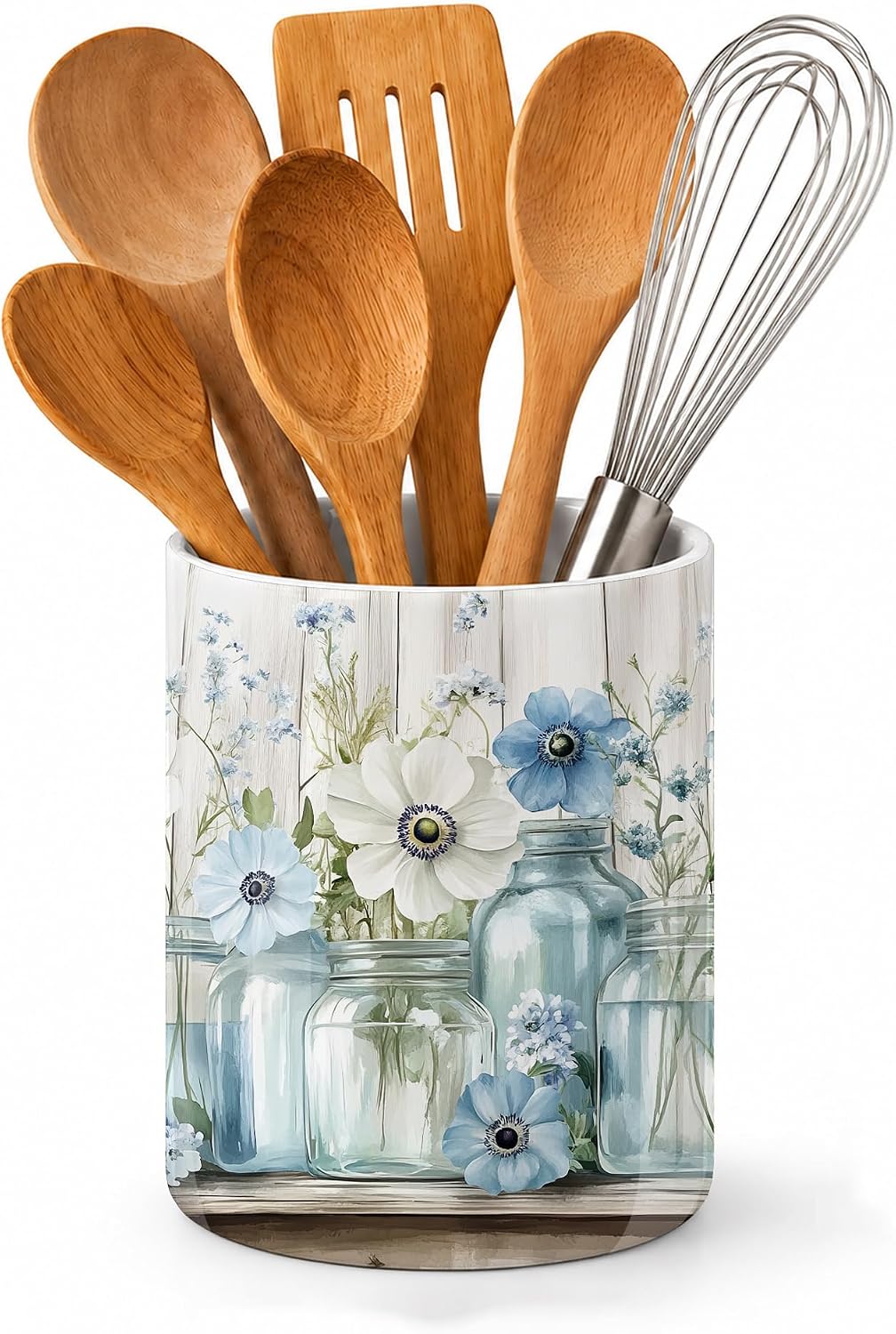 Kitchen Utensil Holder,Vintage Mexican Floral Tiles Large Ceramic Utensil Crock for Countertop,Cooking Utensil Organizer for Spatulas,Spoons