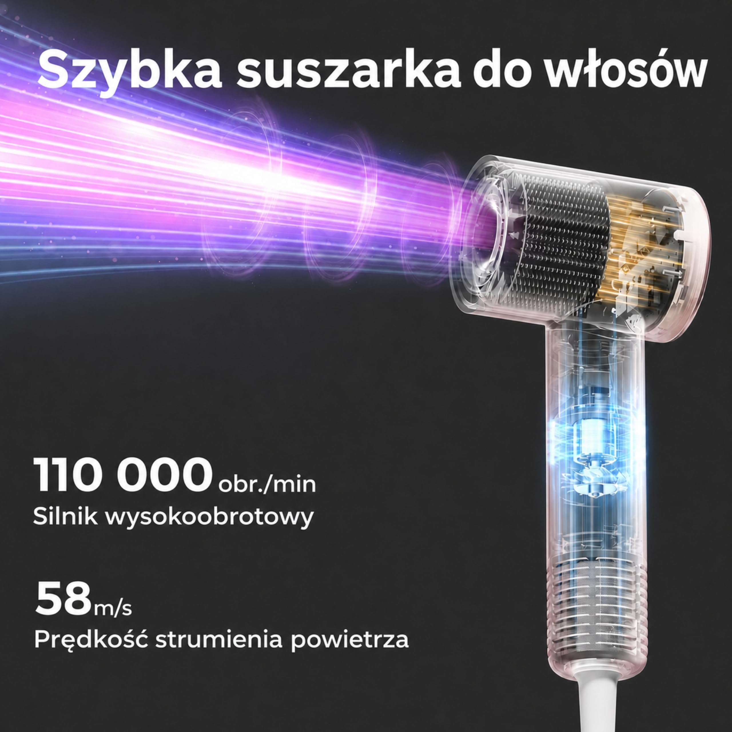 S4AT Podróżna Suszarka do Włosów z Podwójnym Napięciem 100–120 V/220–240 V, 1200 W, Silnik 110 000 obr./min, Kompaktowa i Lekka, 312 g bez Przewodu, Jonizacja, Liliowa