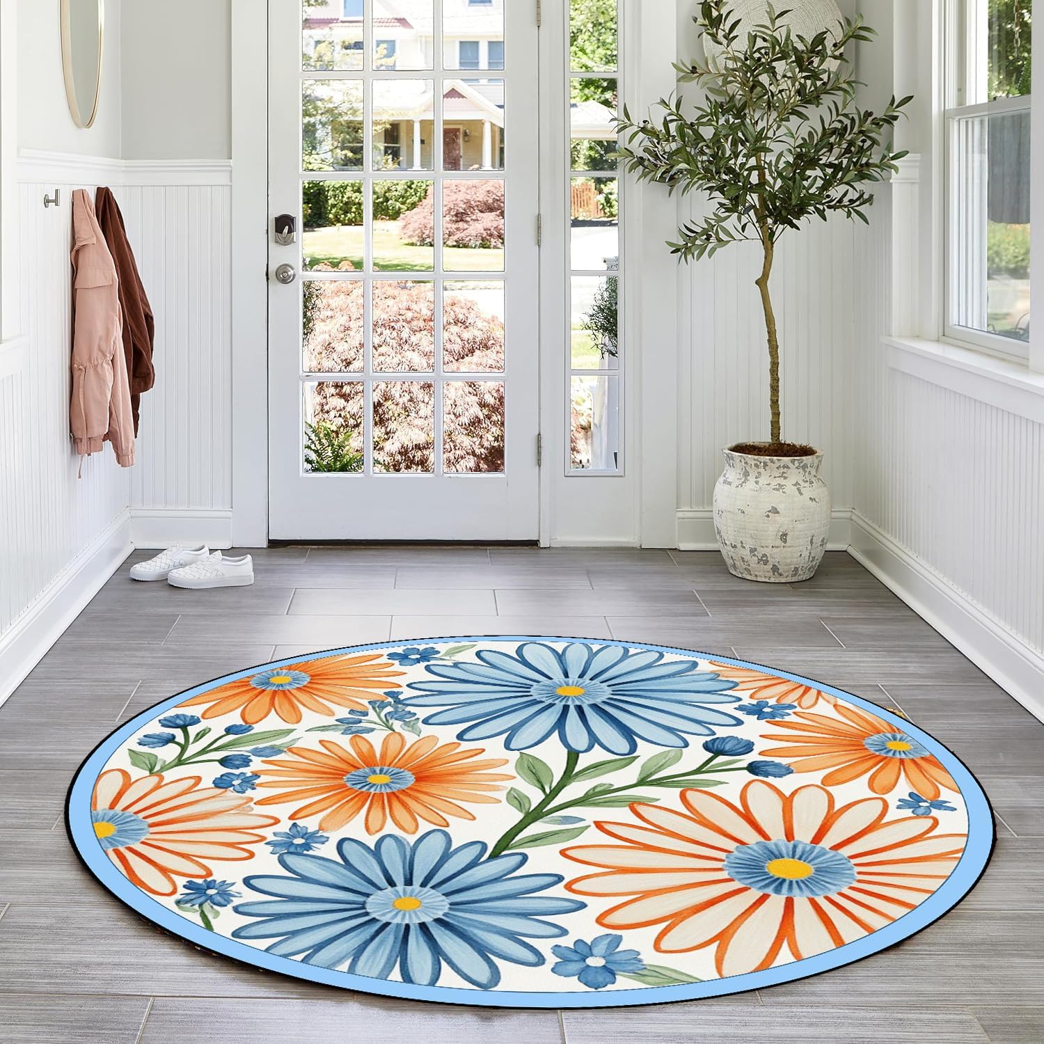 Blue Washable Round Rug,3ft Indoor Home Decor Carpet,Multicolor Round Area Rug,Vintage Floral Carpet,Soft Non-Slip Large Floor Mat,for Kitchen Living Room Bedroom Dining Room Office.