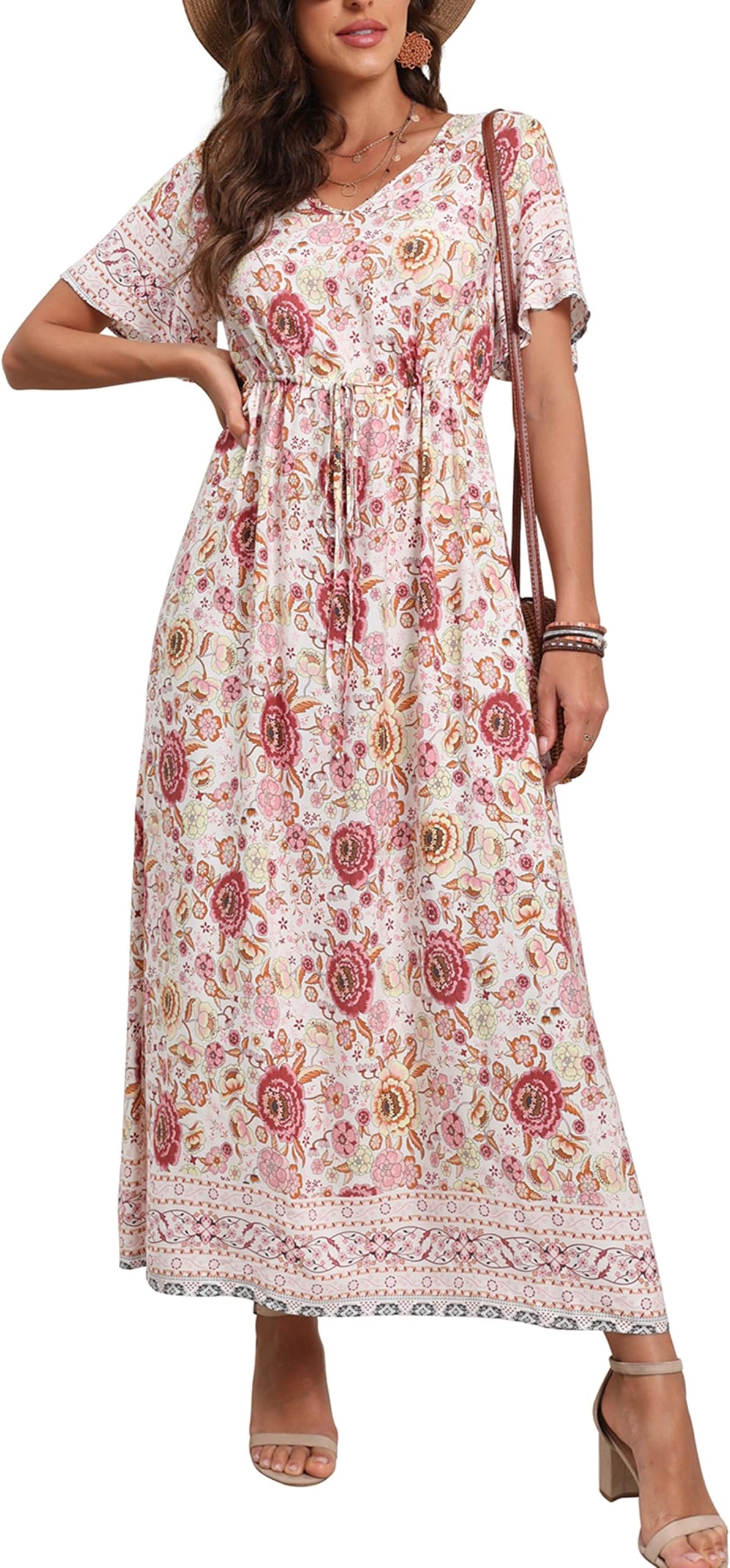 GRECERELLE Womens Summer Maxi Boho Beach Dress Floral Print Dress V Neck Short Sleeve Drawstring High Waist Flowy Long Midi Dresses