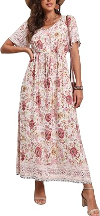 GRECERELLE Womens Summer Maxi Boho Beach Dress Floral Print Dress V Neck Short Sleeve Drawstring High Waist Flowy Long Midi Dresses